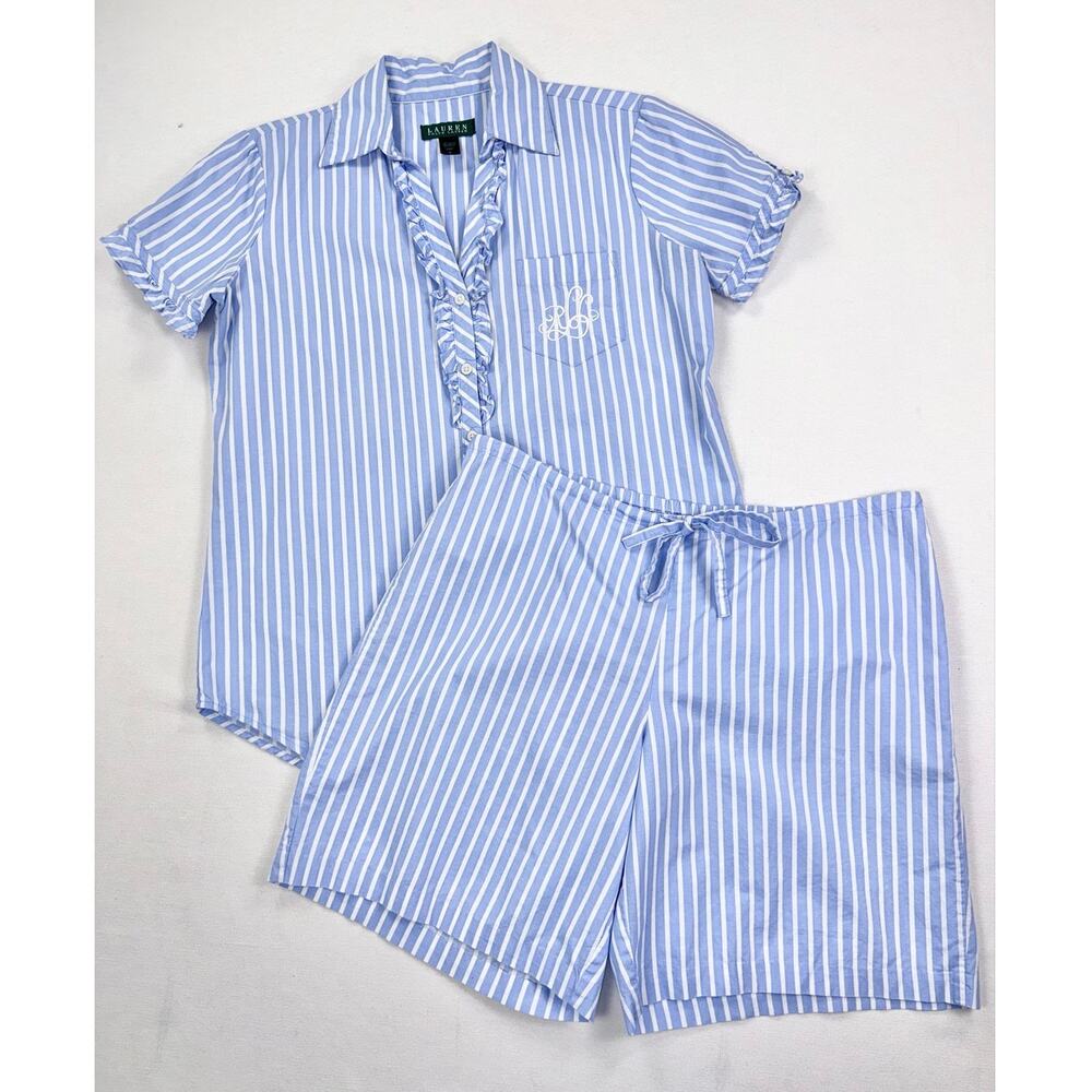 Lauren Ralph Lauren Stripe Ruffle Cotton Top Pajama Short Set Women's Small Blue